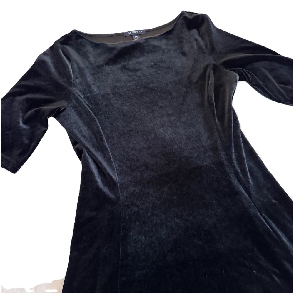 Lands' End Women's Black Velvet Velour Midi Dress XS 2-4. Half Sleeve. Classic‎